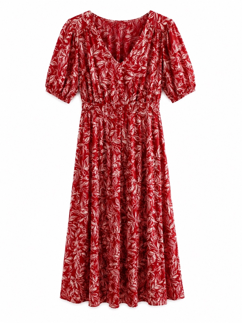 Floral Red V-Neck Midi Dress with Smocked Waist